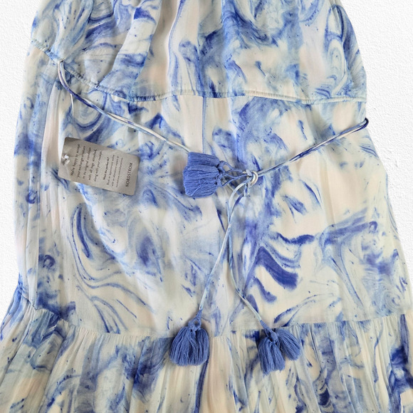 Saylor Blue Marble Print Halter Maxi Dress Sleeveless Tassel Belt Size Small - Picture 8 of 10